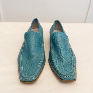 Two Lips Teal Embossed Leather Loafers 7.5M – Square Toe Slip-On Made in Brazil
